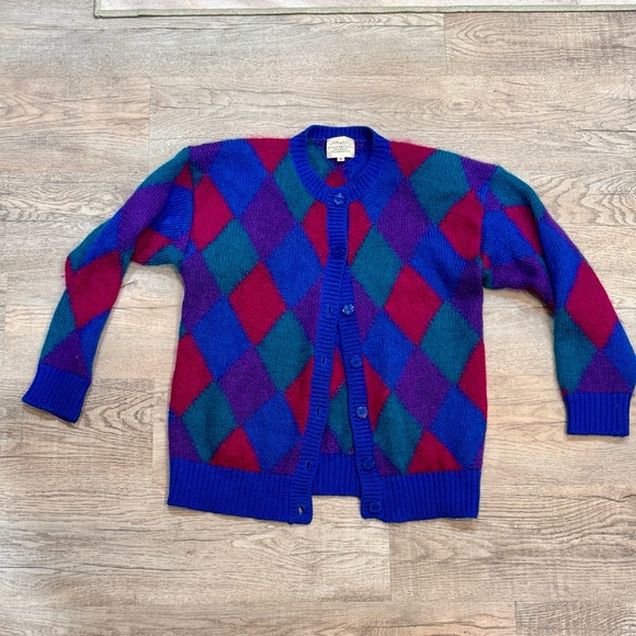 Susan Bristol Sweaters - 90s Vintage Wool Argyle Cardigan Sweater - Blue, Purple, Pink Preppy Grandpa